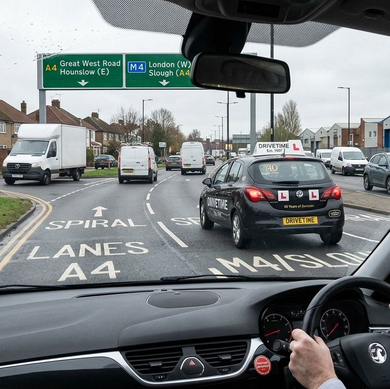 Driving lesson car with 'DriveTime' branding on a road, viewed from inside another vehicle.