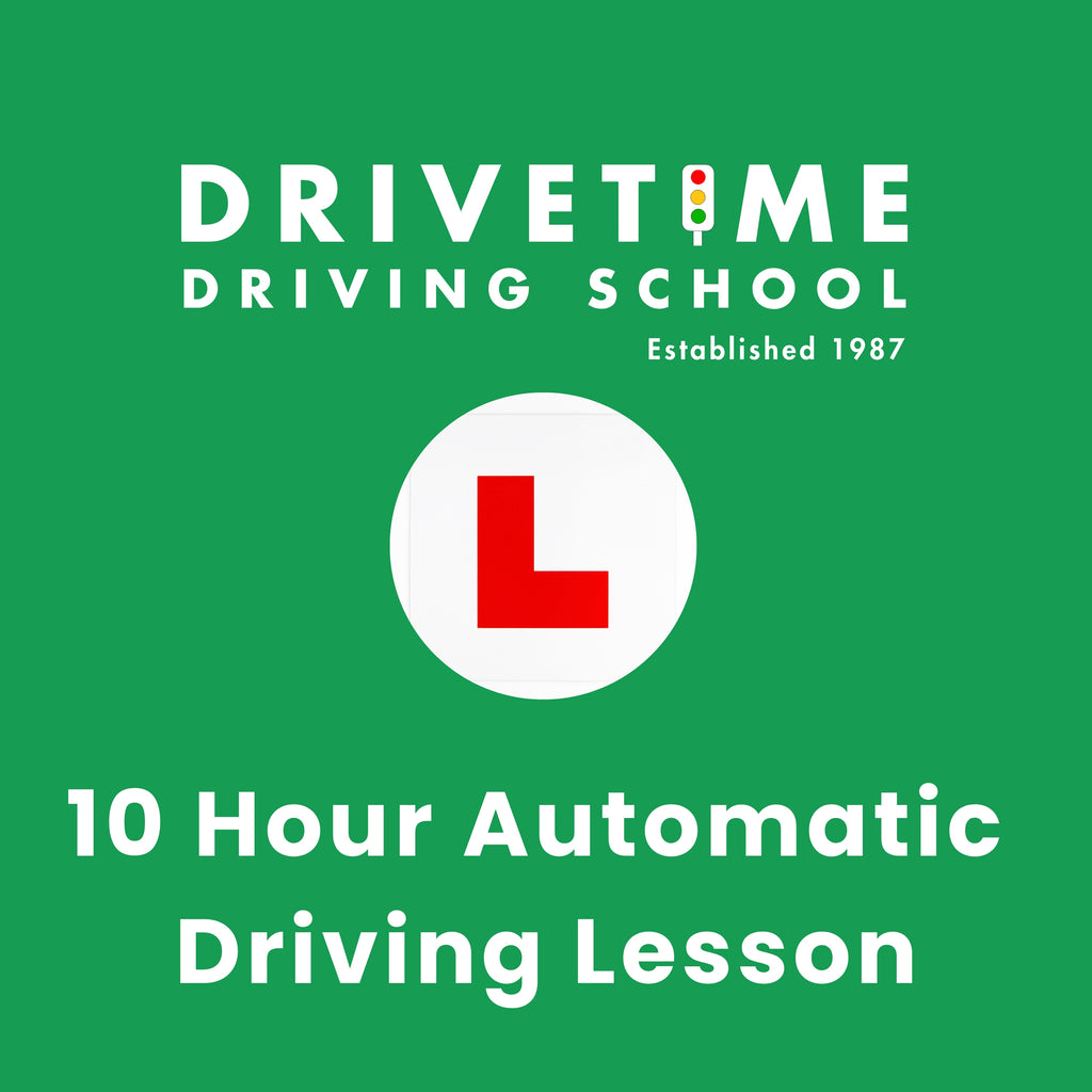 DRIVETIME Driving School advertisement with a red 'L' sign on a green background