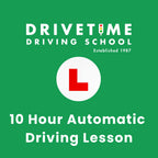 DRIVETIME Driving School advertisement with a red 'L' sign on a green background
