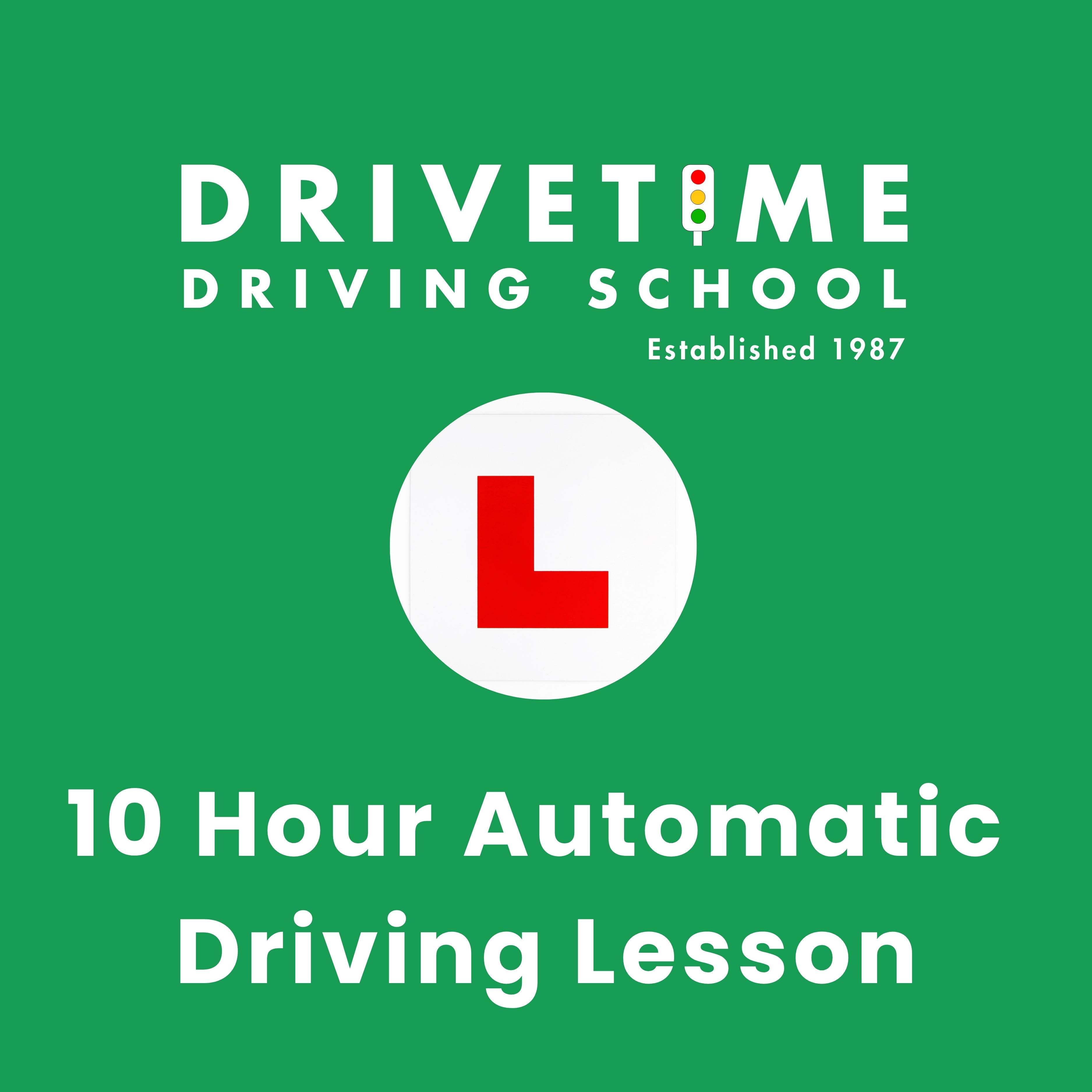 DRIVETIME Driving School advertisement with a red 'L' sign on a green background