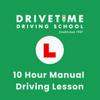 Drivetime Driving School advertisement with a red 'L' sign on a green background