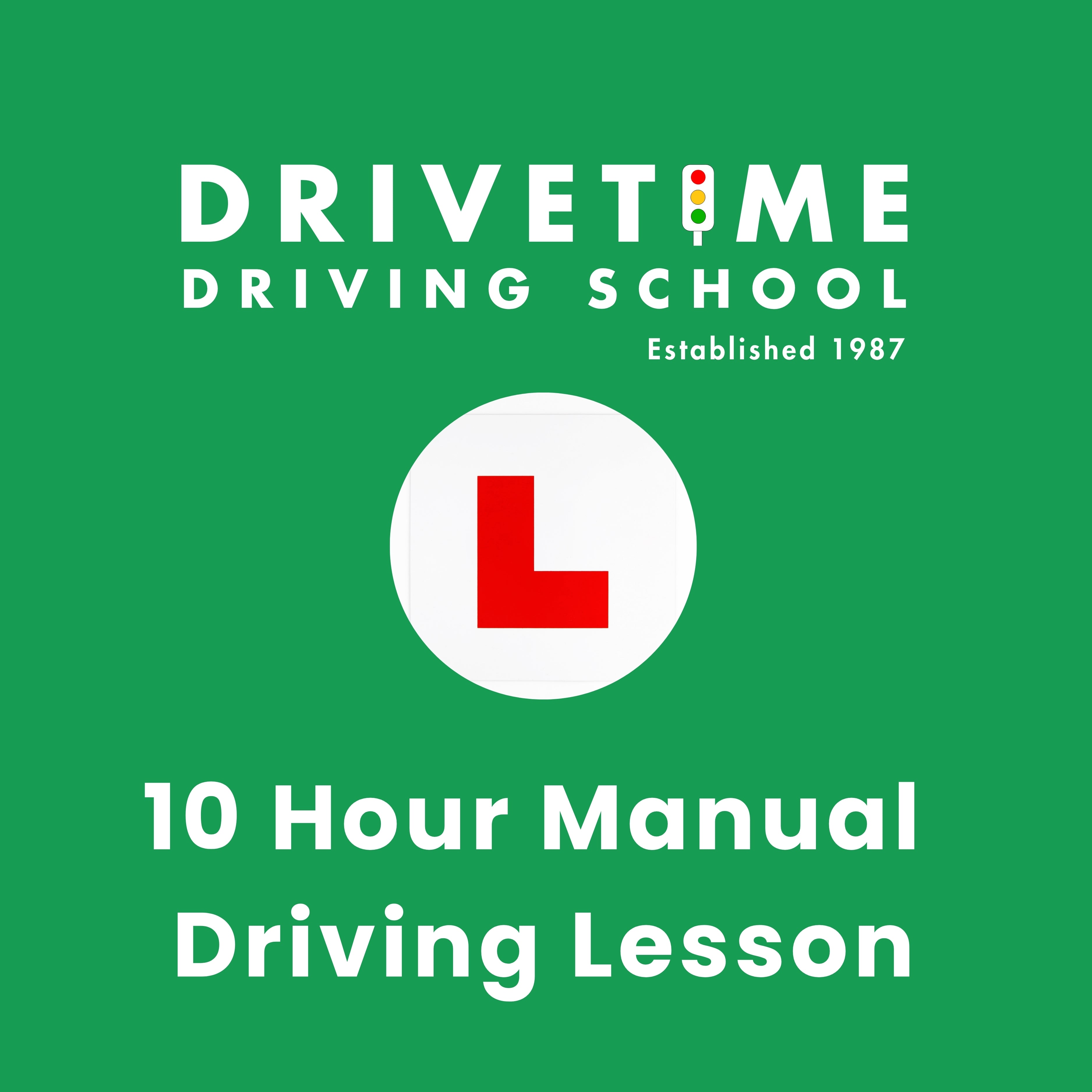 Drivetime Driving School advertisement with a red 'L' sign on a green background
