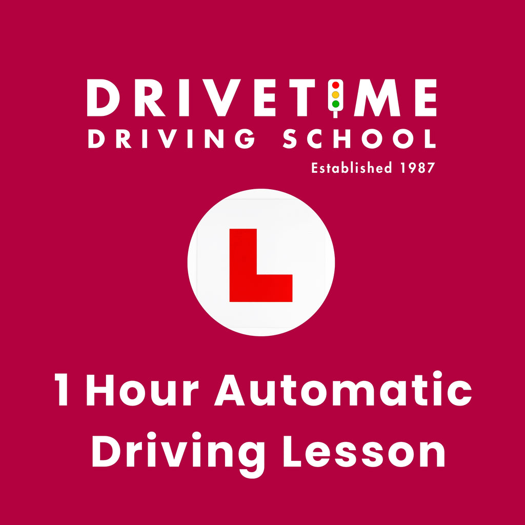 DRIVETIME Driving School advertisement with a red background and white text.