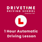 DRIVETIME Driving School advertisement with a red background and white text.