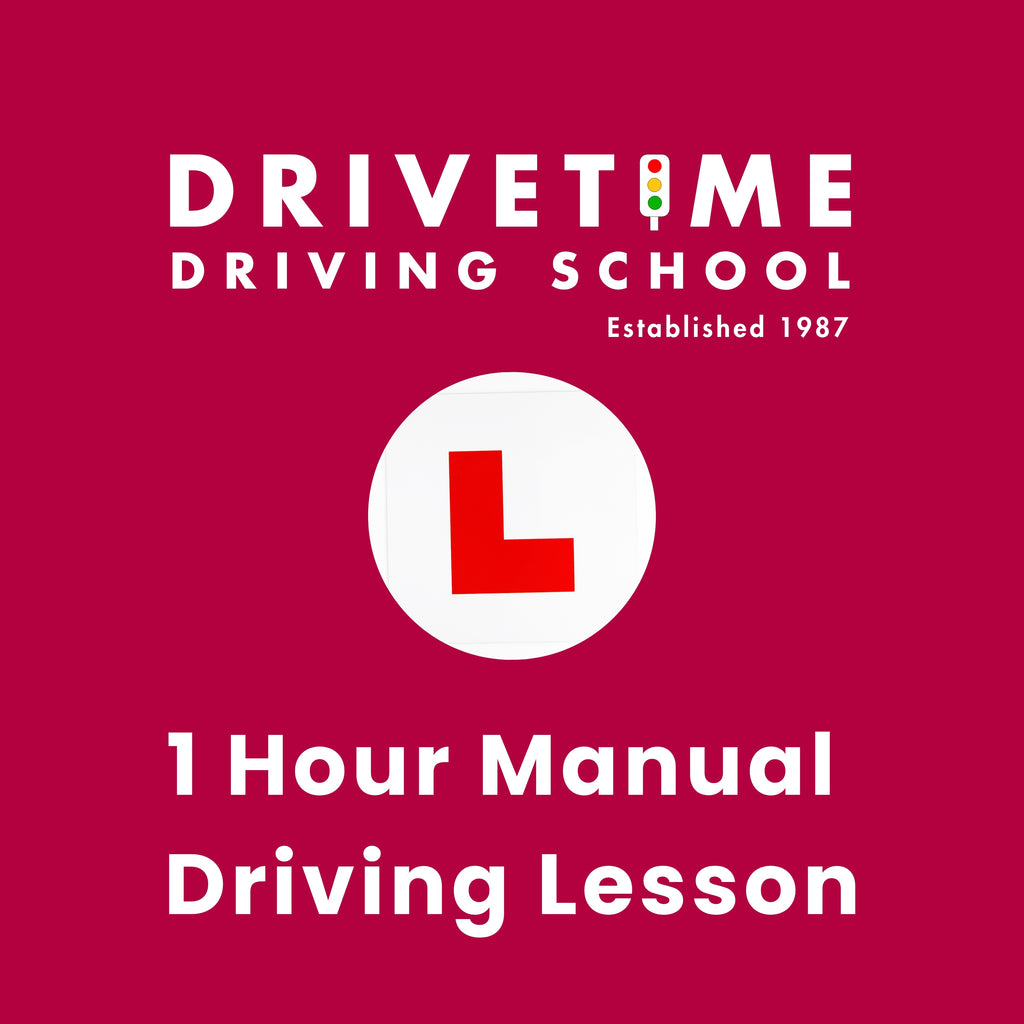 Advertisement for Drivetime Driving School with a red background and white text.