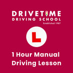 Advertisement for Drivetime Driving School with a red background and white text.