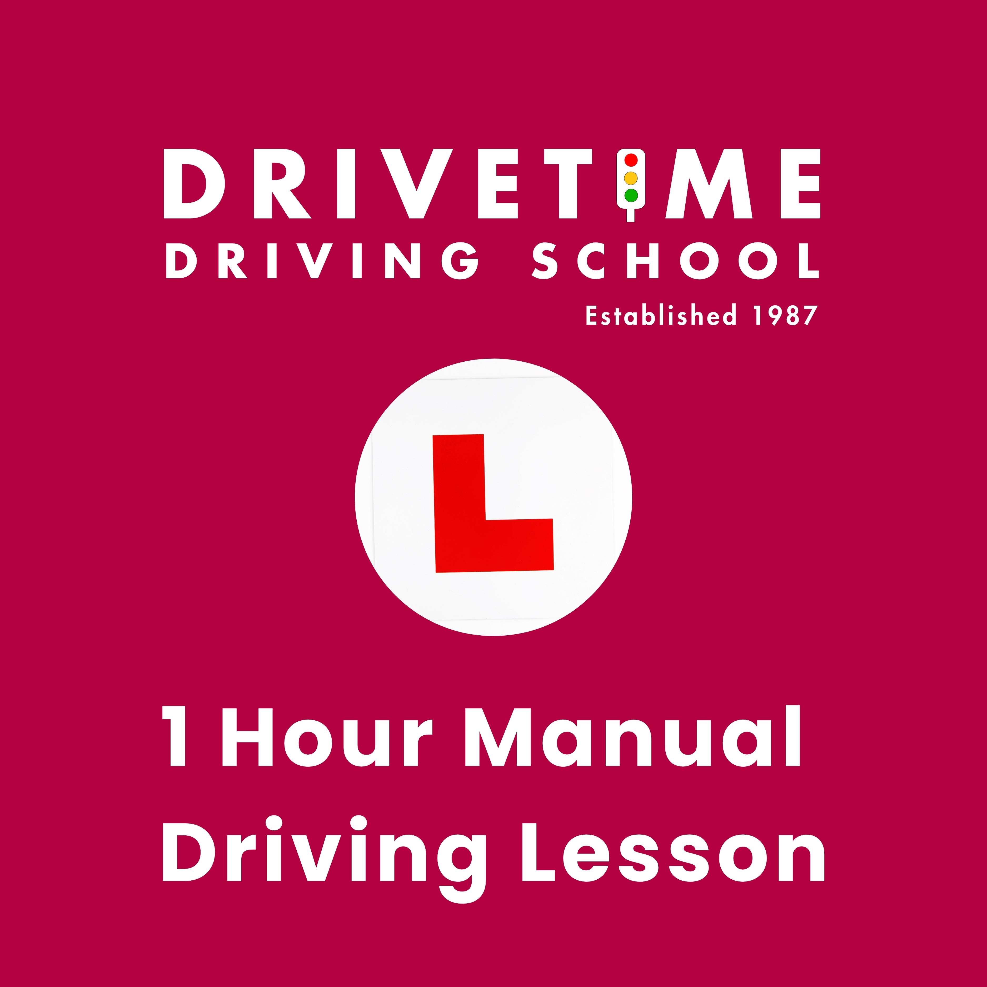 Advertisement for Drivetime Driving School with a red background and white text.