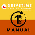 Drivetime Driving School logo with '1 Hour Manual' text on a yellow and orange background
