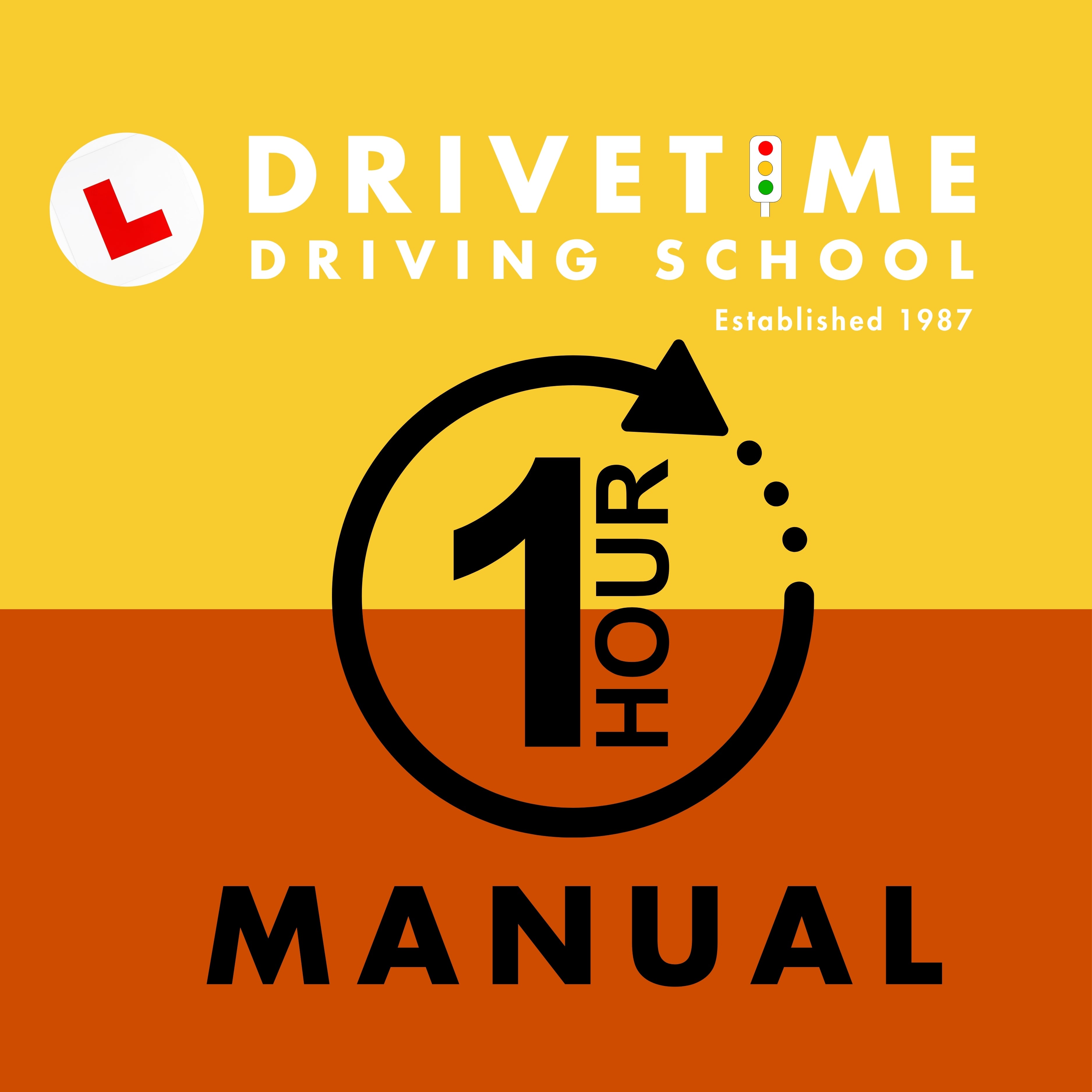 Drivetime Driving School logo with '1 Hour Manual' text on a yellow and orange background