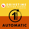 Drivetime Driving School advertisement with a yellow and orange background, featuring the brand logo and text about one-hour automatic driving lessons.