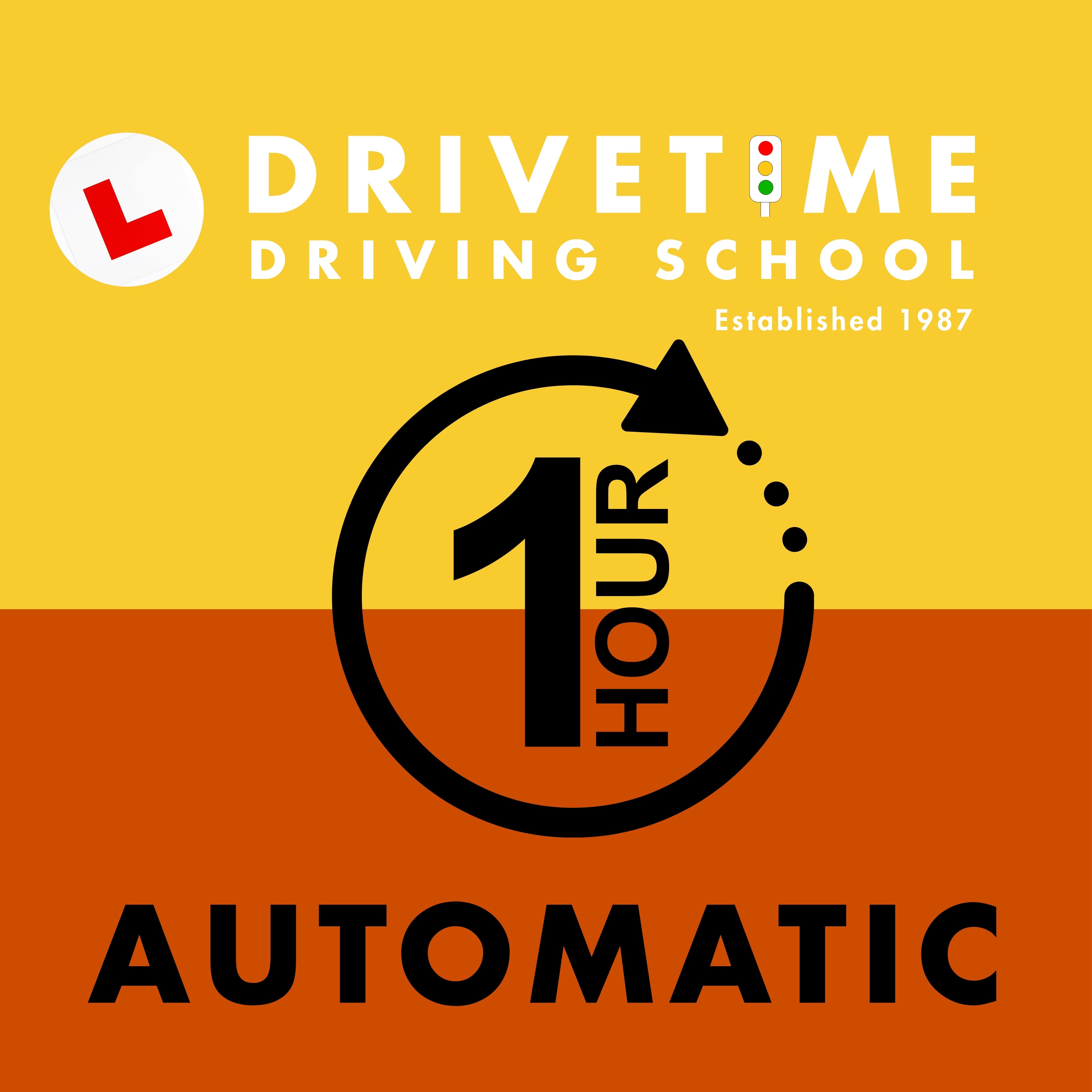 Drivetime Driving School advertisement with a yellow and orange background, featuring the brand logo and text about one-hour automatic driving lessons.