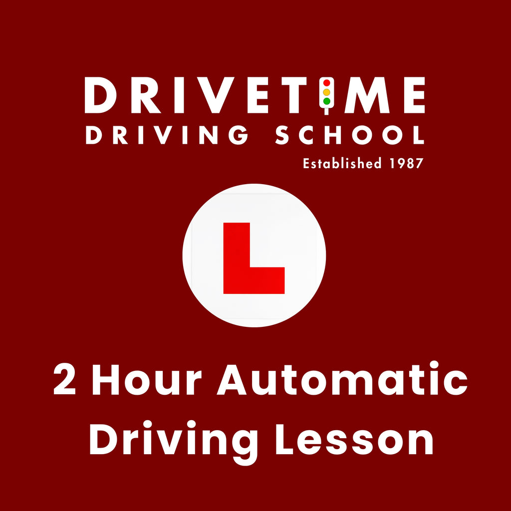 Advertisement for Drivetime Driving School with a red background and white text.