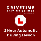 Advertisement for Drivetime Driving School with a red background and white text.