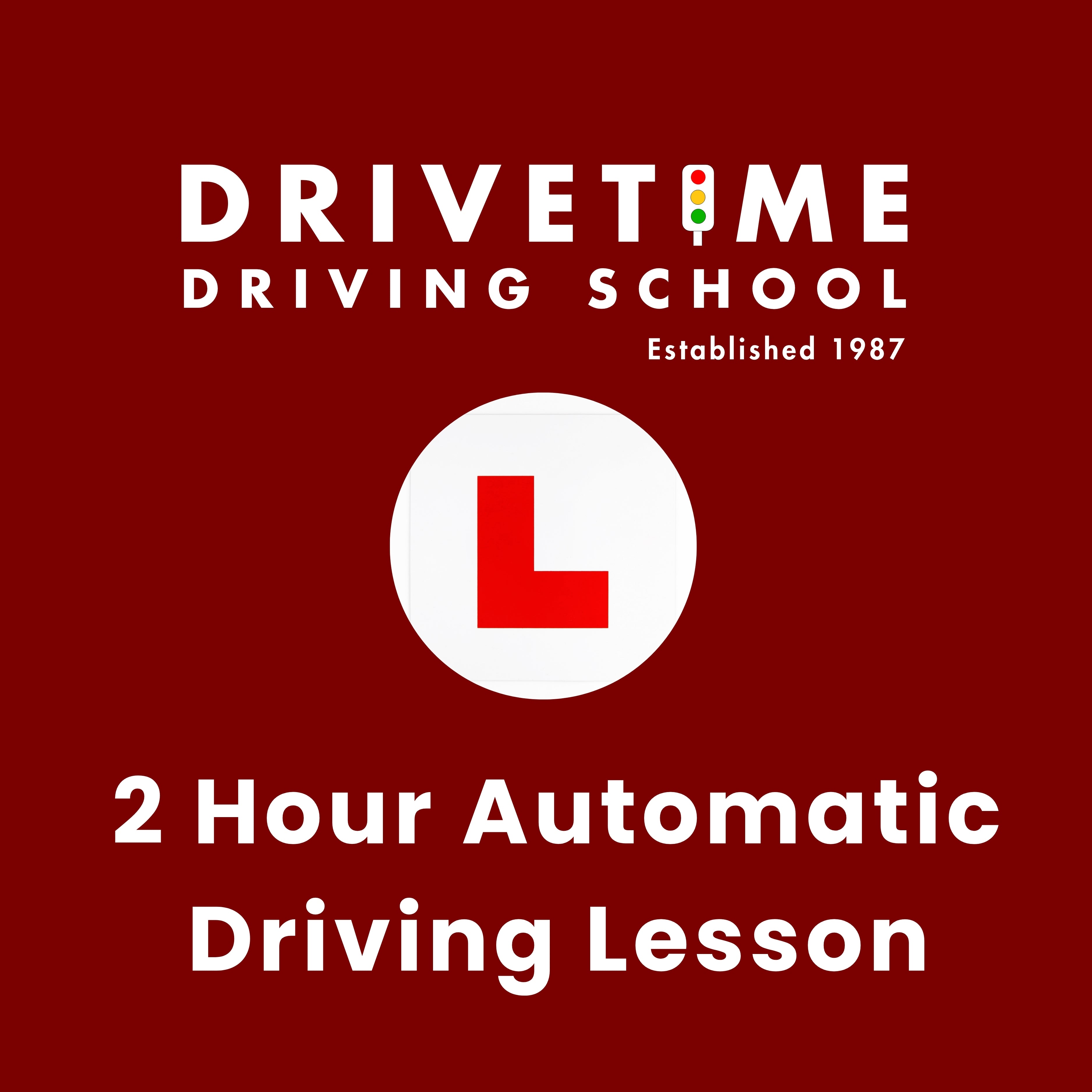 Advertisement for Drivetime Driving School with a red background and white text.