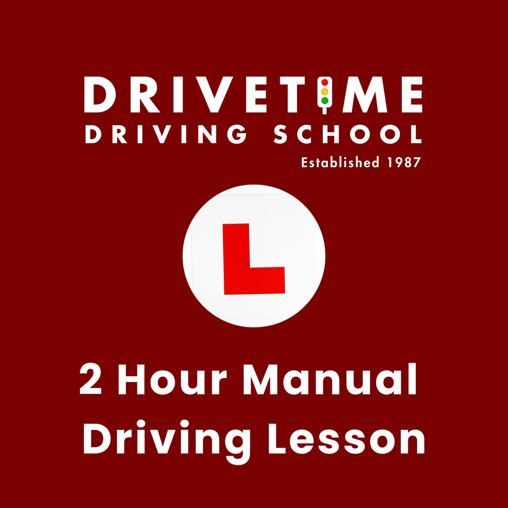 Drivetime Driving School advertisement with a red background and white text.