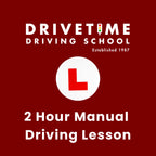 Drivetime Driving School advertisement with a red background and white text.