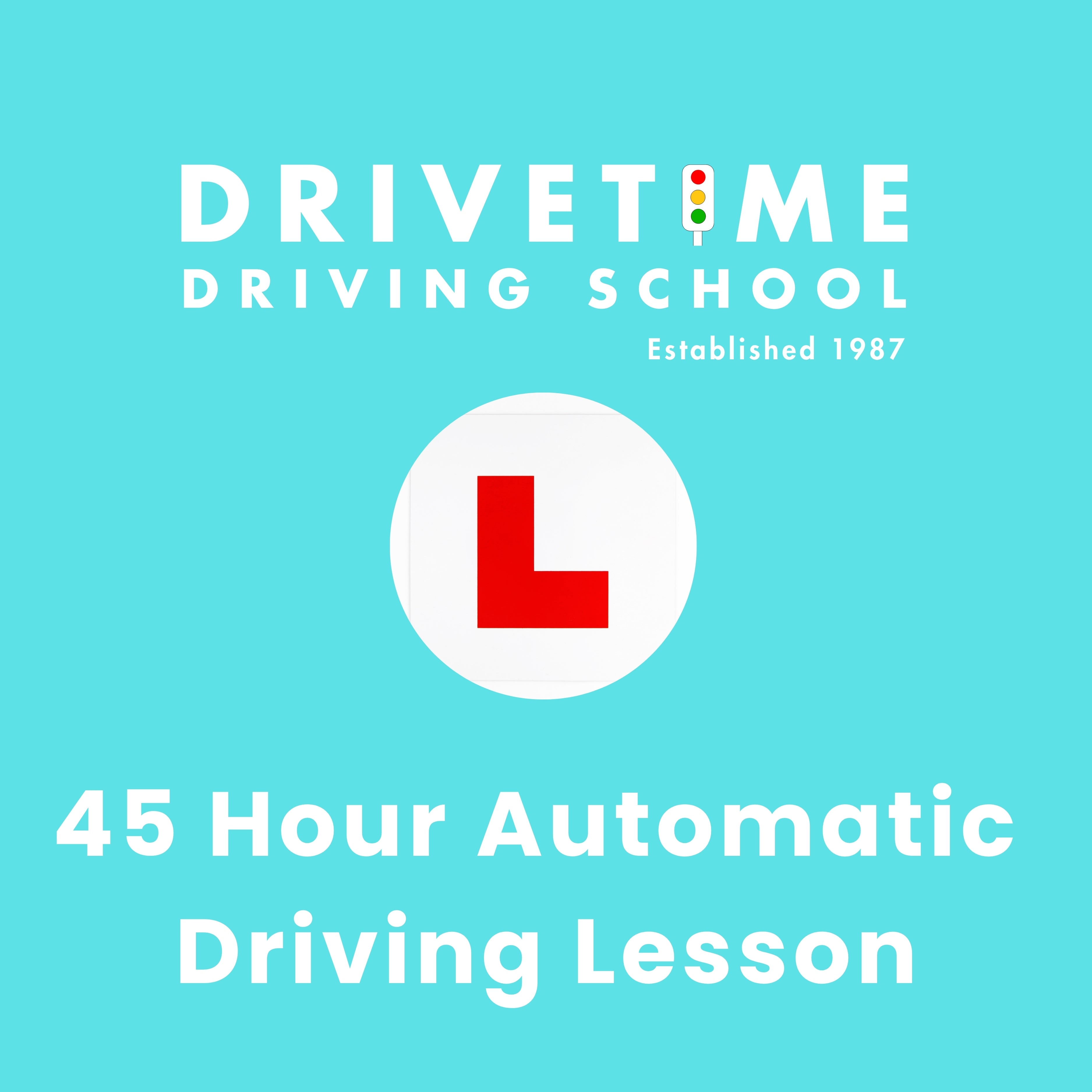 Advertisement for Drivetime Driving School with a red L plate on a blue background