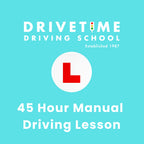 Advertisement for Drivetime Driving School with a red L plate on a blue background