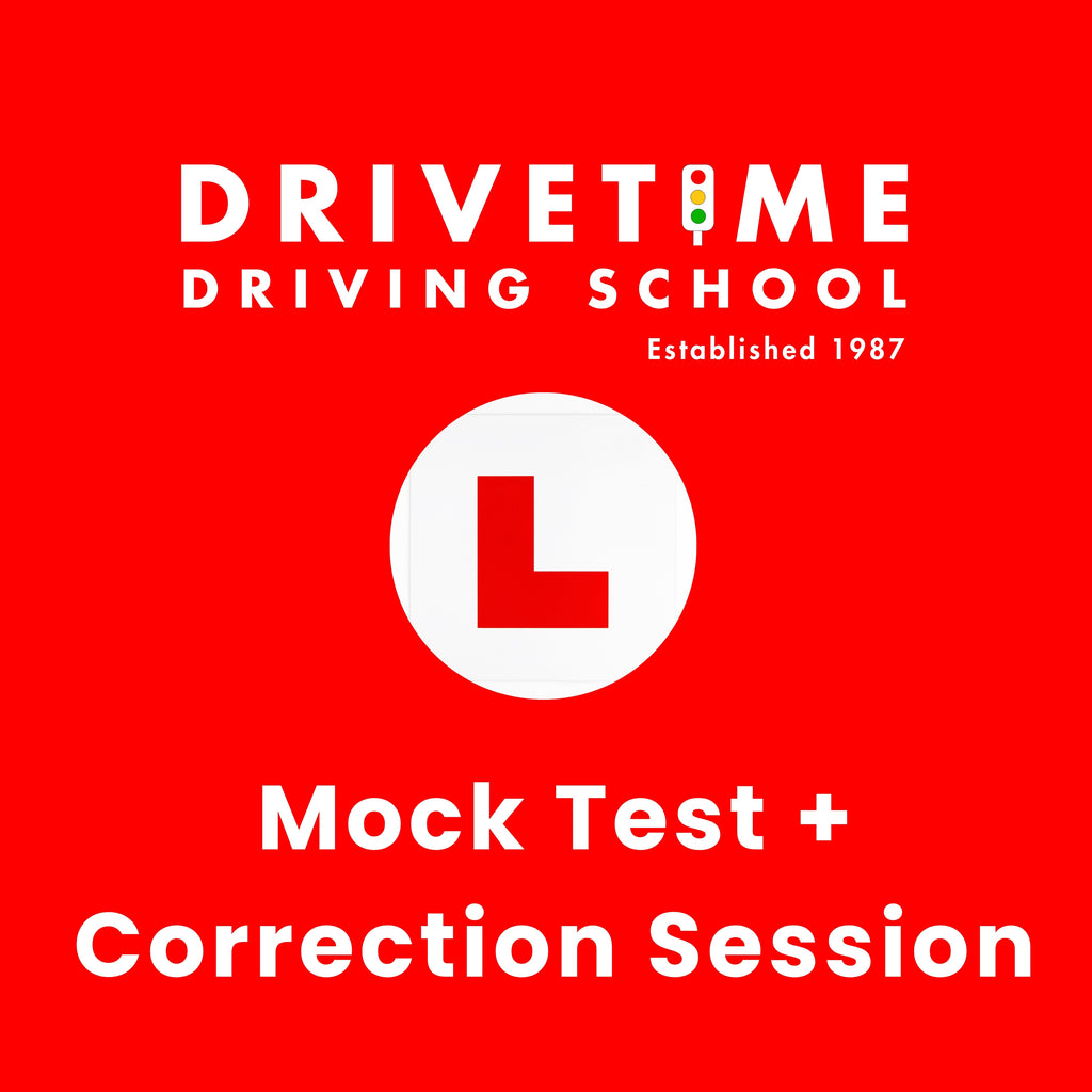 Drivetime Driving School advertisement with logo and text on a red background