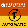 Drivetime Driving School logo with a one-hour automatic driving lesson feature on an orange and yellow background.