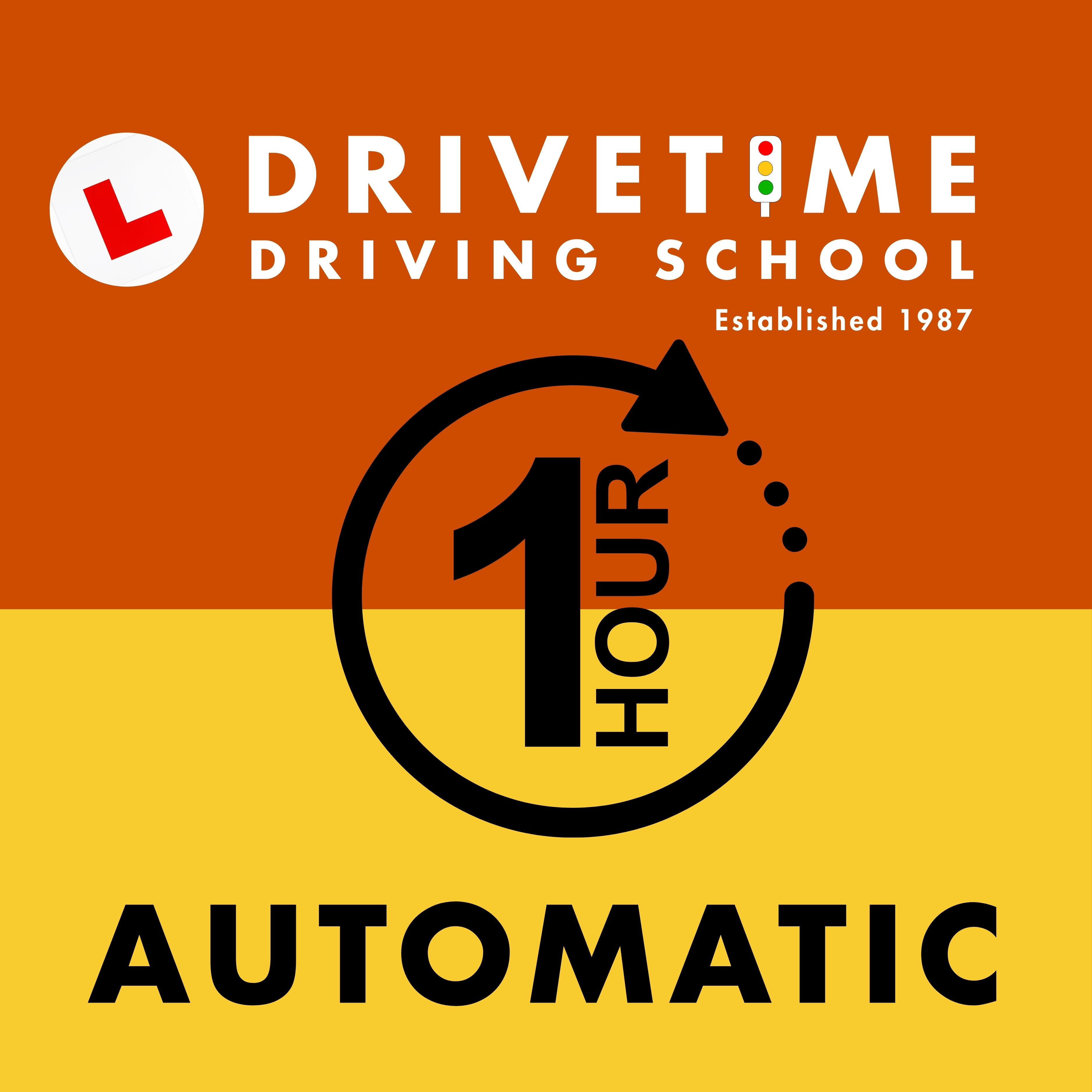 Drivetime Driving School logo with a one-hour automatic driving lesson feature on an orange and yellow background.