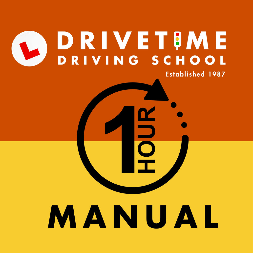 Drivetime Driving School logo with '1 Hour Manual' text on a two-tone background