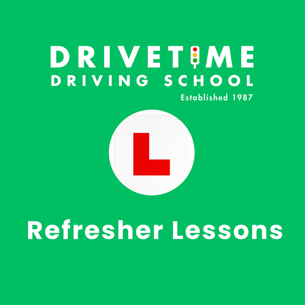 Drivetime Driving School advertisement with a red 'L' on a green background
