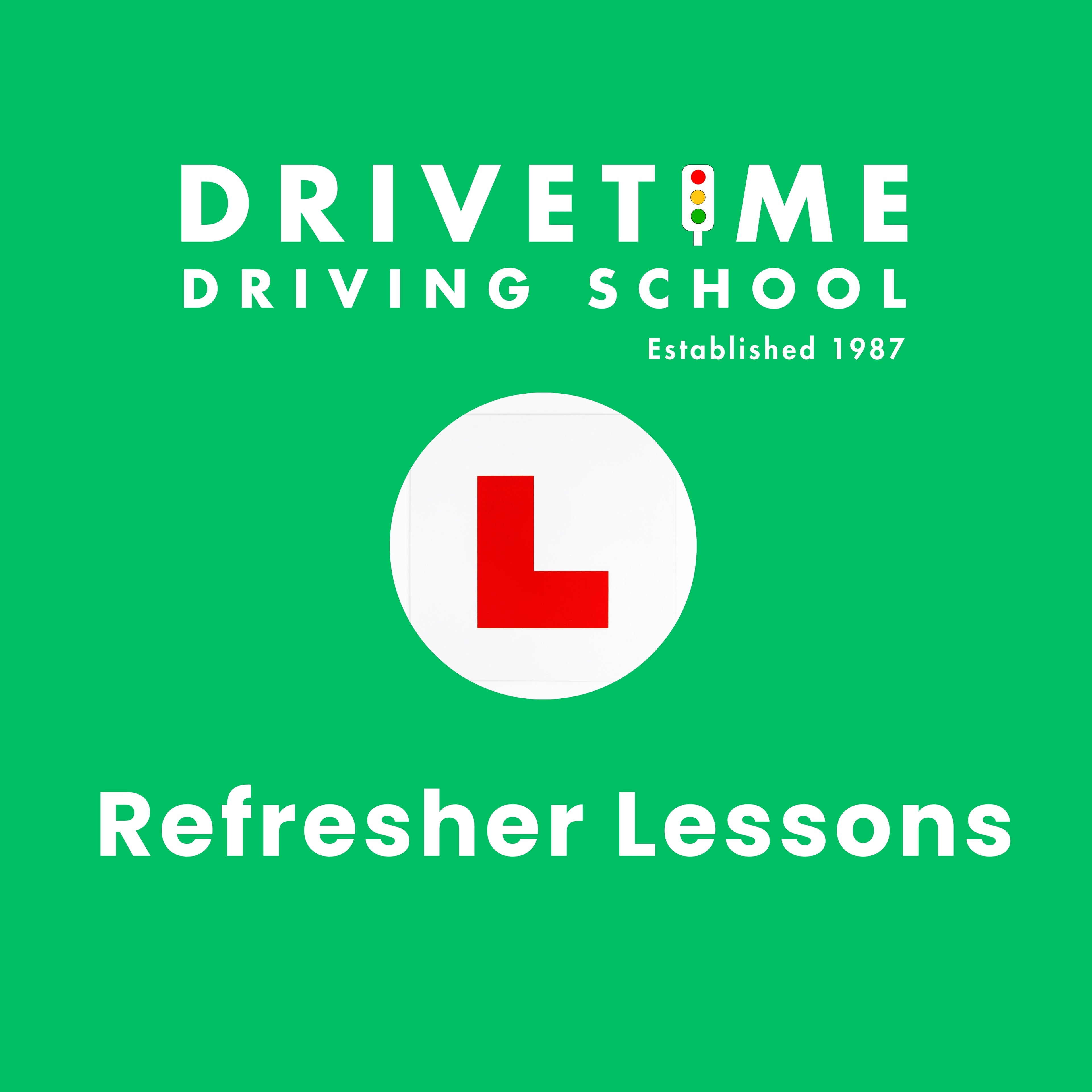 Drivetime Driving School advertisement with a red 'L' on a green background