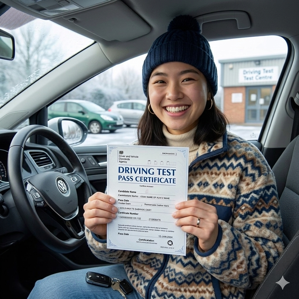 Person holding a driving test pass certificate inside a car