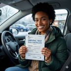 Person holding a driving test pass certificate inside a car