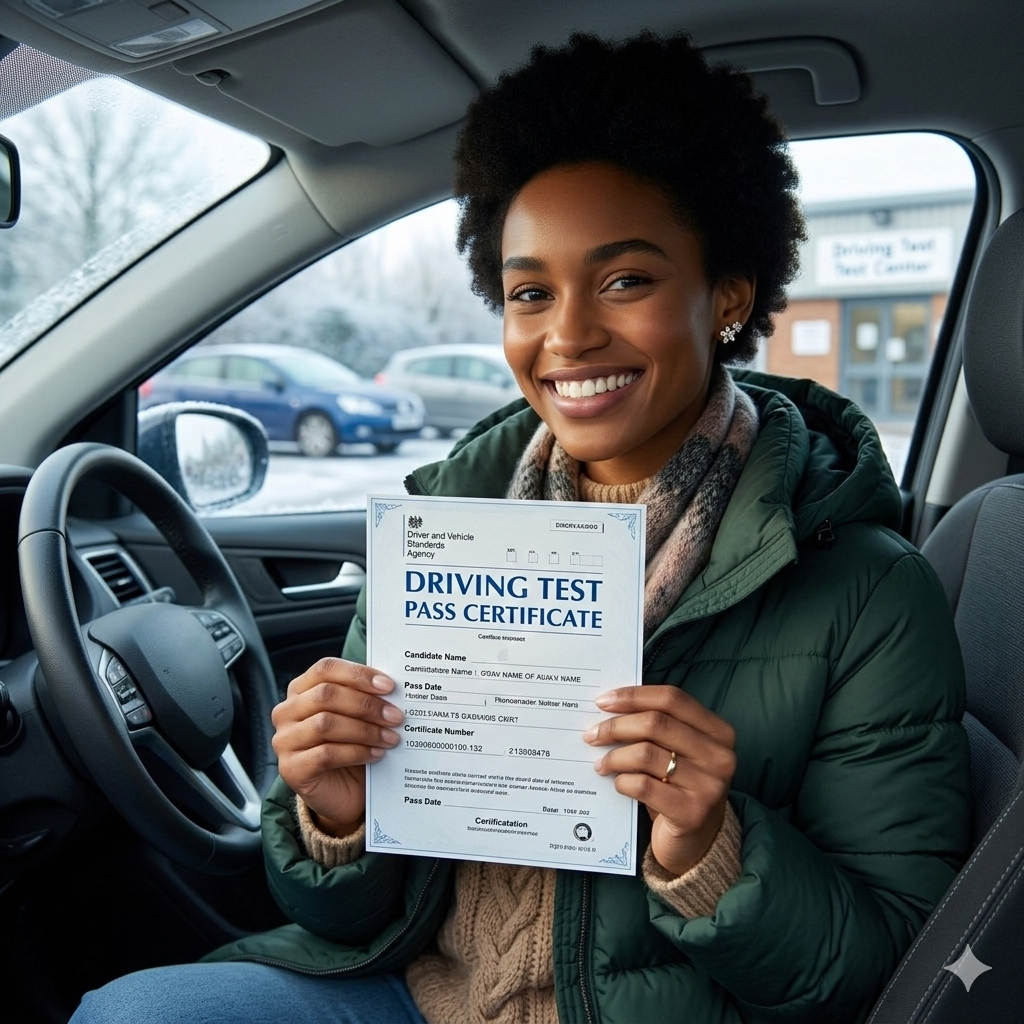 Person holding a driving test pass certificate inside a car